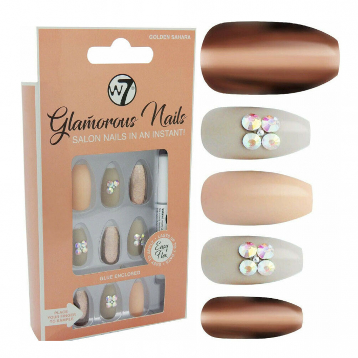 Kit 24 Unghii False W7 Glamorous Nails, Golden Sahara, Cu Adeziv Inclus Si Pila De Unghii