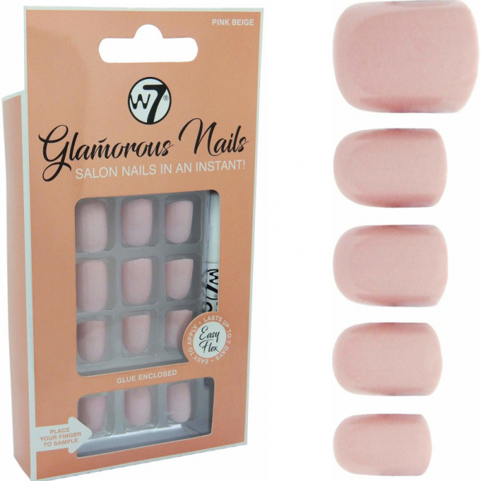 Kit 24 unghii false w7 glamorous nails, pink beige, cu adeziv inclus si pila de unghii