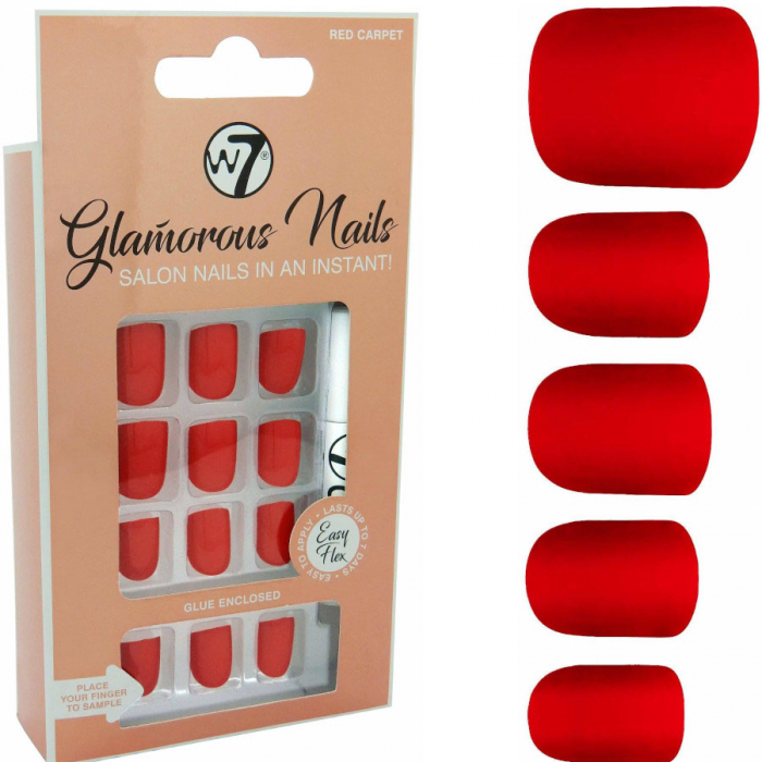 Kit 24 unghii false w7 glamorous nails, red carpet, cu adeziv inclus si pila de unghii