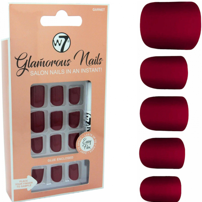 Kit 24 Unghii False W7 Glamorous Nails, Garnet, cu adeziv inclus si pila de unghii