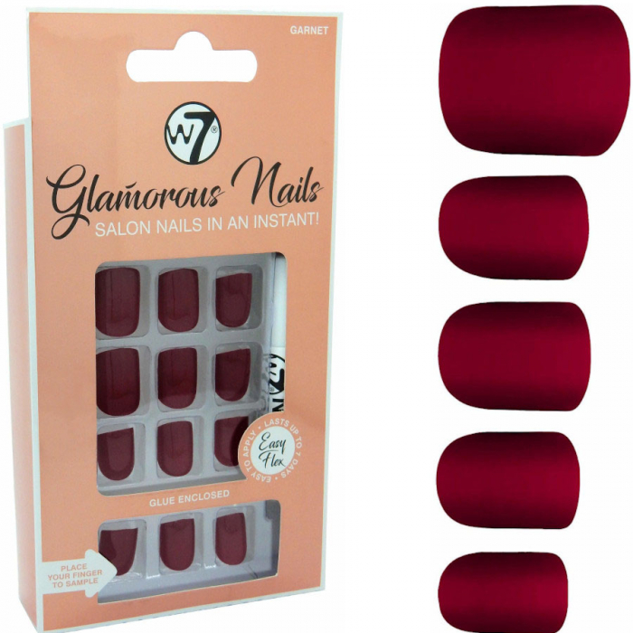 Kit 24 unghii false w7 glamorous nails, garnet, cu adeziv inclus si pila de unghii