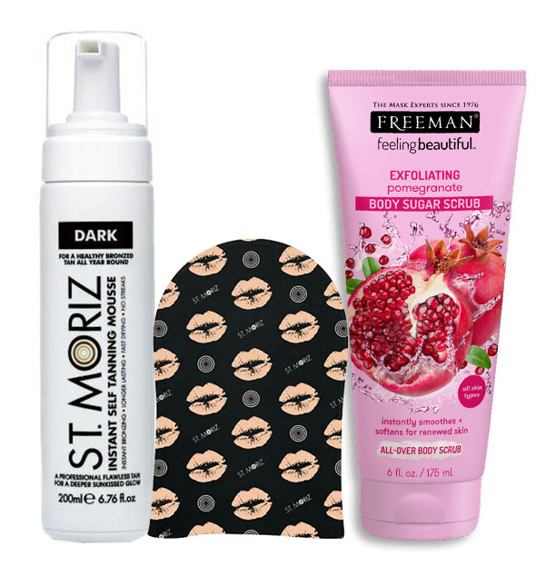 Kit Autobronzant ST MORIZ cu Spuma Dark, Manusa si Scrub cu Zahar si Rodie FREEMAN