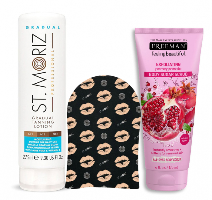 Kit Autobronzant cu Lotiune ST MORIZ Gradual Tanning, Manusa si Scrub cu Zahar si Rodie FREEMAN