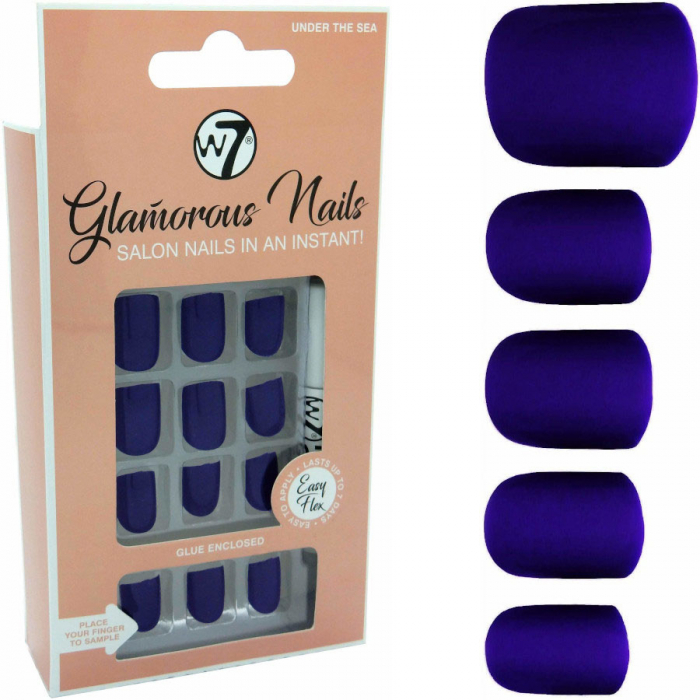 Kit 24 unghii false w7 glamorous nails, under the sea, cu adeziv inclus si pila de unghii