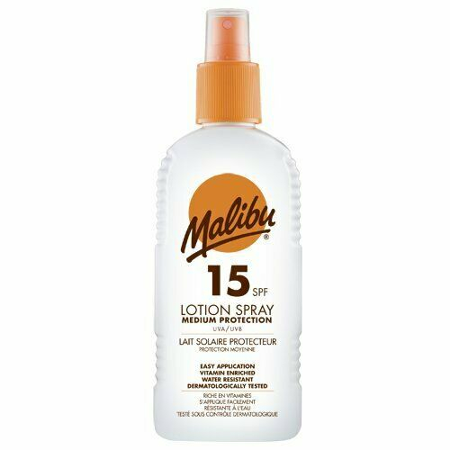 Lotiune spray malibu cu vitamina e si b5, rezistenta la apa, uva uvb, spf15, 200 ml