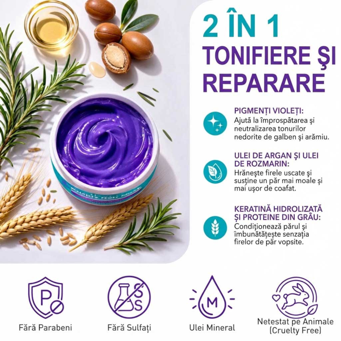 Masca de Par Violet pentru Neutralizarea Tonurilor Galbene cu Ulei de Rozmarin si Argan, 120g-big
