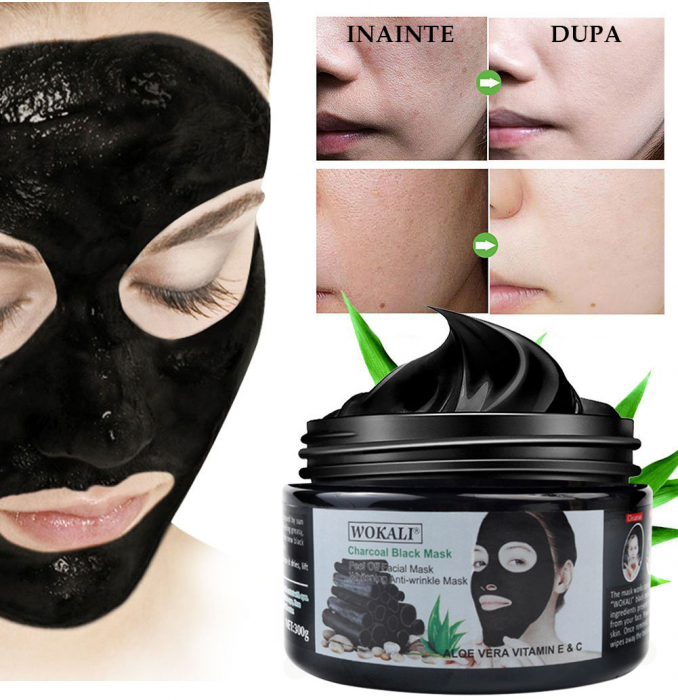 Masca neagra pentru indepartat punctele negre, punctele de grasime, efect anti-rid, Wokali cu carbune activ, 300 g-big