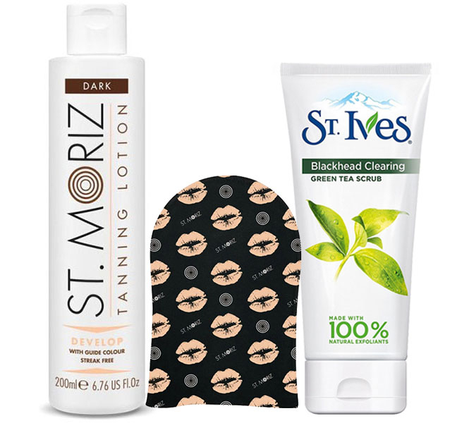 Pachet complet pentru autobronzare profesionala ST MORIZ cu Lotiune Instant Dark, Manusa si Exfoliant ST IVES