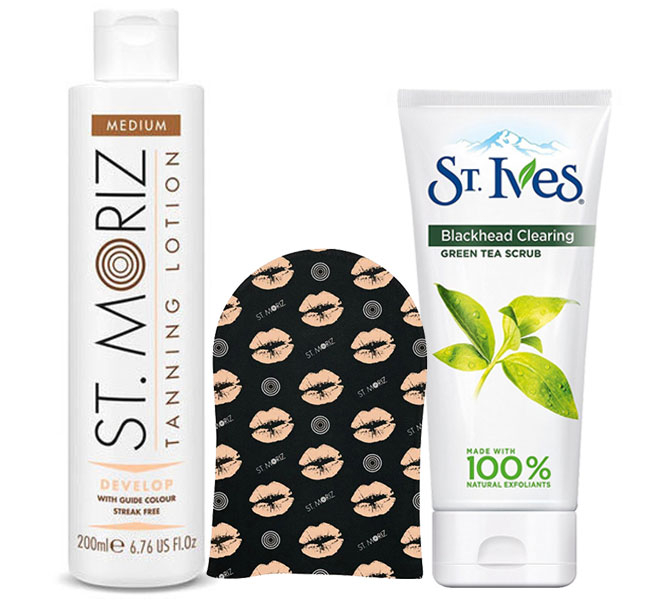 Pachet complet pentru autobronzare profesionala ST MORIZ cu Lotiune Instant Medium, Manusa si Exfoliant ST IVES