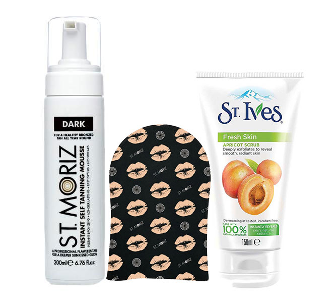 Pachet complet pentru autobronzare profesionala ST MORIZ cu Spuma Dark, Manusa si Exfoliant ST IVES