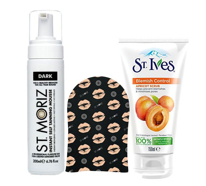 Pachet complet pentru autobronzare profesionala ST MORIZ cu Spuma Dark, Manusa si Exfoliant ST IVES