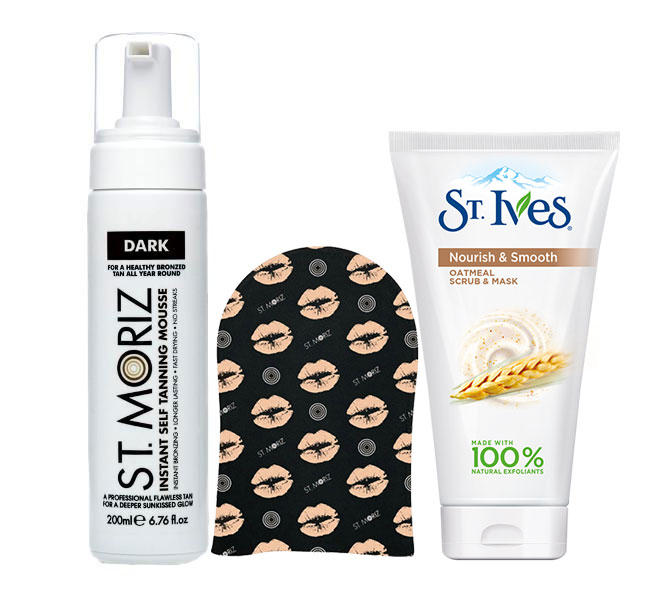 Pachet complet pentru autobronzare profesionala ST MORIZ cu Spuma Dark, Manusa si Exfoliant ST IVES