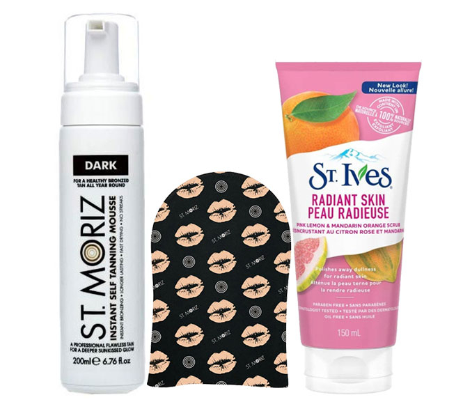 Pachet complet pentru autobronzare profesionala ST MORIZ cu Spuma Dark, Manusa si Exfoliant ST IVES