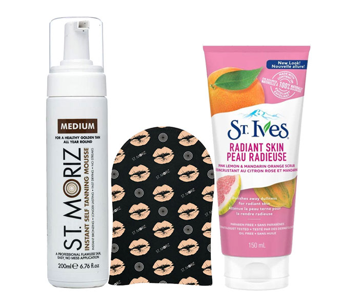 Pachet complet pentru autobronzare profesionala ST MORIZ cu Spuma Medium, Manusa si Exfoliant ST IVES