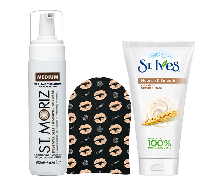 Pachet complet pentru autobronzare profesionala ST MORIZ cu Spuma Medium, Manusa si Exfoliant ST IVES