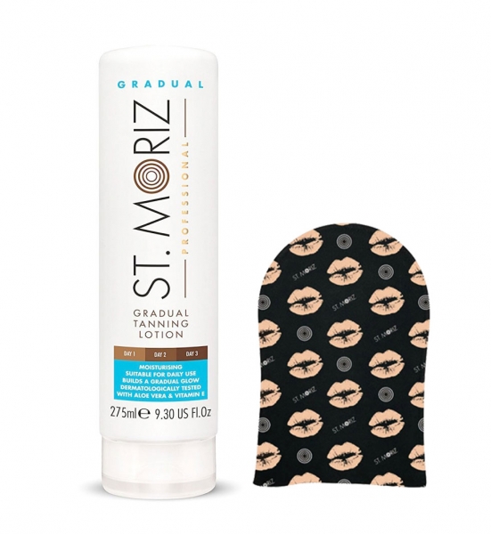 Set pentru autobronzare profesionala ST MORIZ cu Lotiune Gradual Tan si Manusa