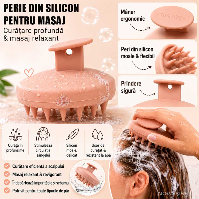 Perie din Silicon Premium NOVA KISS® pentru Stimularea Cresterii Parului, Masajul Scalpului si Spalarea Parului, cu Saculet Bumbac-big