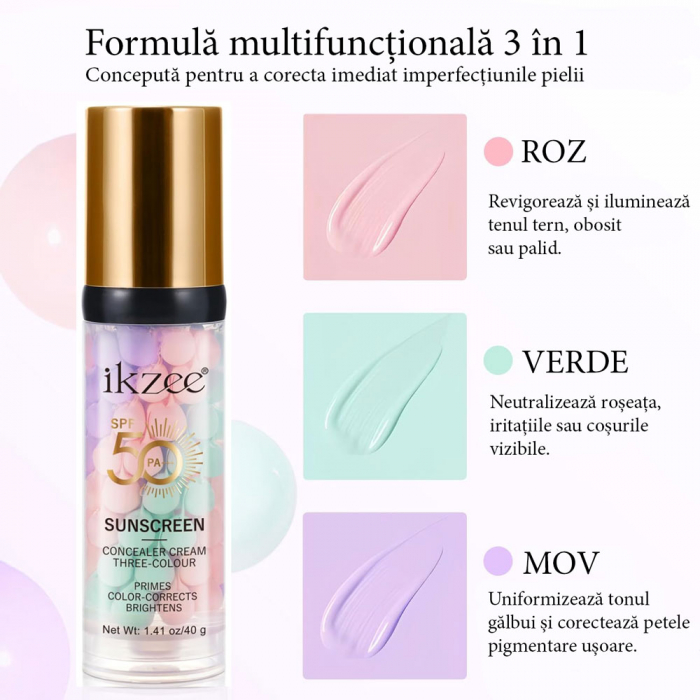Bază de Machiaj Multifuncțională 3 în 1 cu SPF 50 – Corector de Ton, Hidratant și Matifiant-big