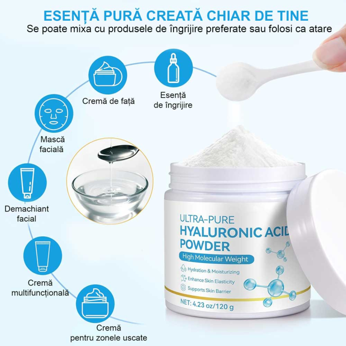 Pudră Acid Hialuronic 100% Pură pentru ten, Greutate Moleculară Mare, 120 g-big