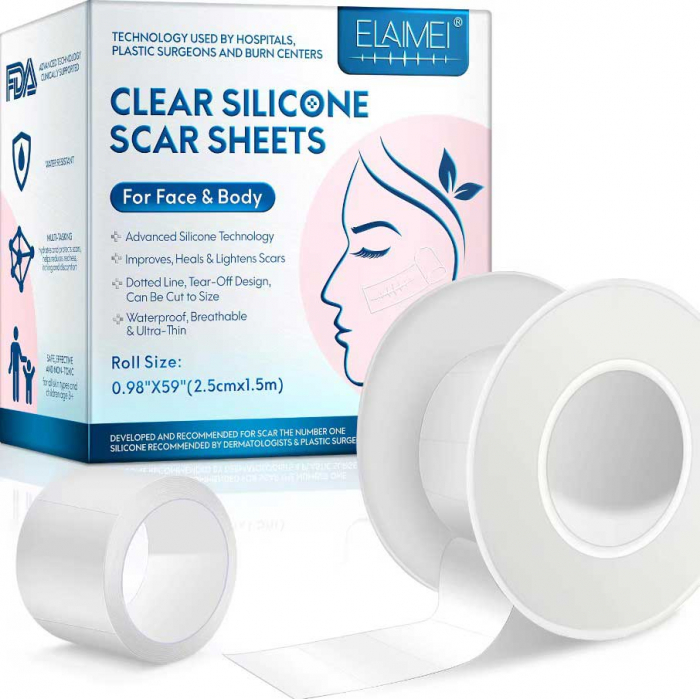 Rola cu gel de silicon pentru ascunderea cicatricilor de pe fata sau corp, plasture reutilizabil, 2.5 cm x 1.5 m, Elaimei-big