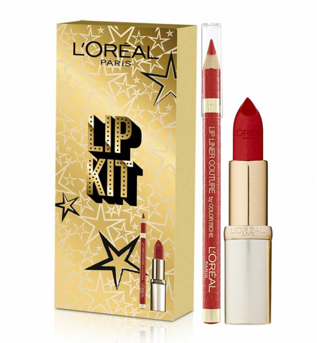 Set Buze L Oreal Paris Color Riche Lip Kit: Ruj 297 Red Passion si Creion de Buze 377 Perfect Red