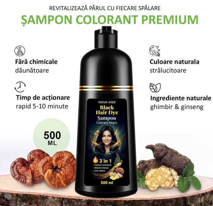 Sampon 3 in 1 pentru Vopsirea Parului Negru, Acoperirea Parului Alb, Regenerare cu Ghimbir, 500 ml-big