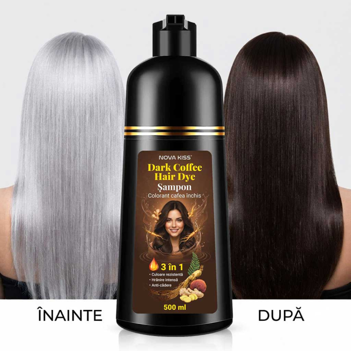 Sampon Colorant Cafea Inchis NOVA KISS® pentru Vopsirea Parului, 3 in 1, Acoperire Fire Albe, Dark Coffee, 500 ml-big