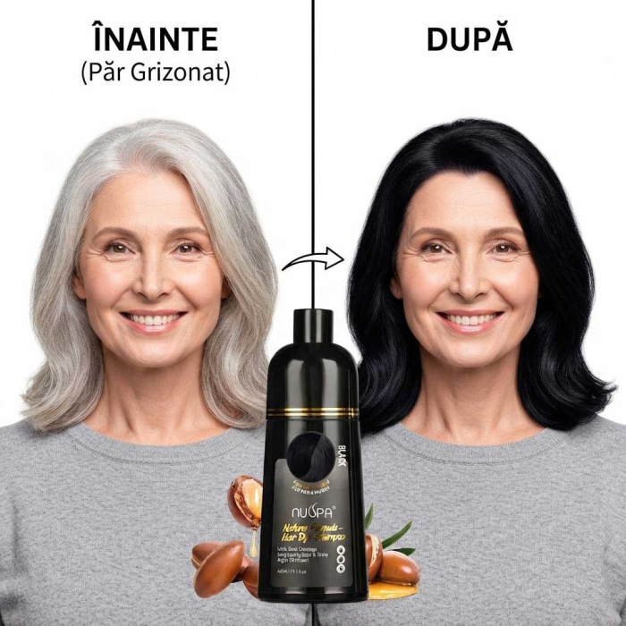 Sampon Colorant Negru, Acoperire 100% a Firelor Albe, Unisex, Infuzat cu Ulei de Argan, 400 ml-big