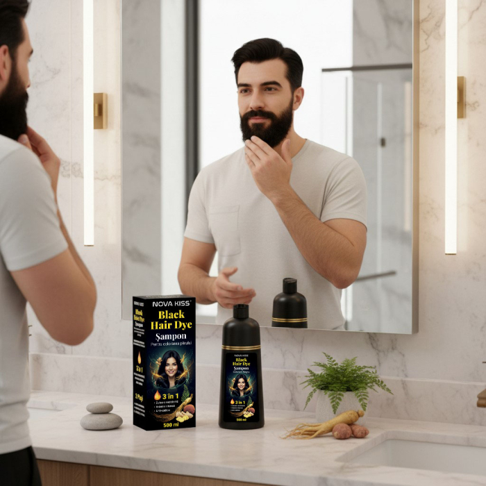 Sampon Colorant NOVA KISS® pentru Vopsirea Parului Negru, 3 in 1, Acoperire Fire Albe, 500 ml-big