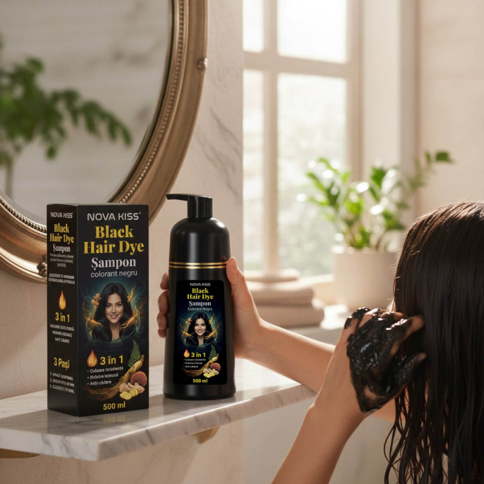 Sampon Colorant NOVA KISS® pentru Vopsirea Parului Negru, 3 in 1, Acoperire Fire Albe, 500 ml-big