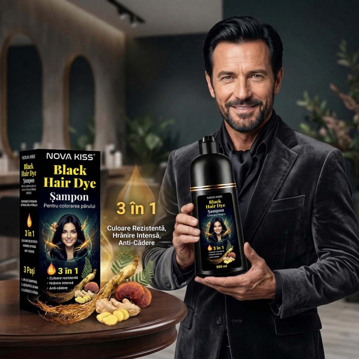 Sampon Colorant NOVA KISS® pentru Vopsirea Parului Negru, 3 in 1, Acoperire Fire Albe, 500 ml-big