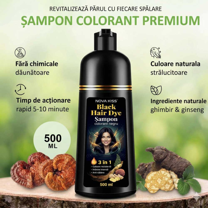 Sampon Colorant NOVA KISS® pentru Vopsirea Parului Negru, 3 in 1, Acoperire Fire Albe, 500 ml-big