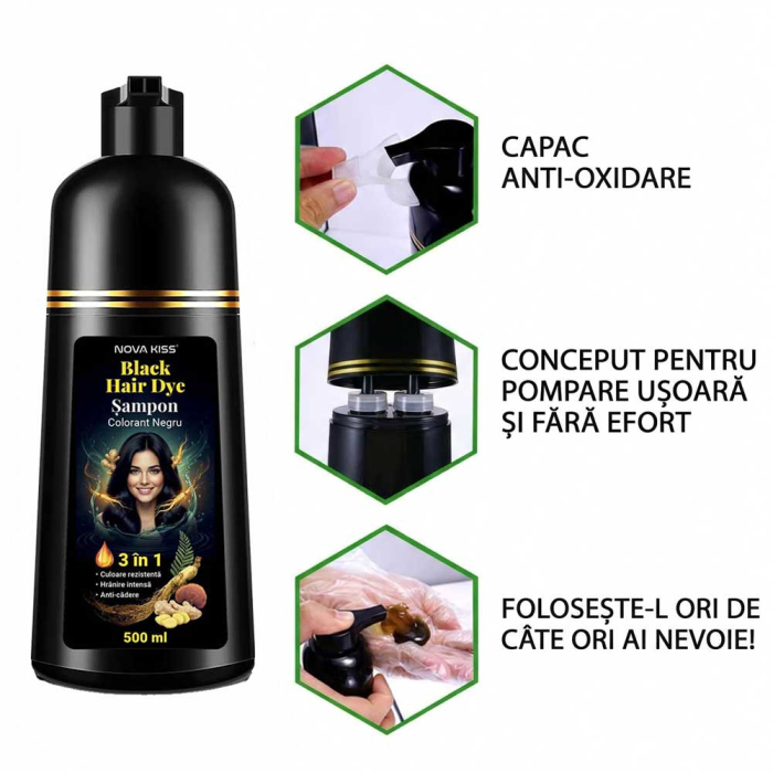 Sampon Colorant NOVA KISS® pentru Vopsirea Parului Negru, 3 in 1, Acoperire Fire Albe, 500 ml-big