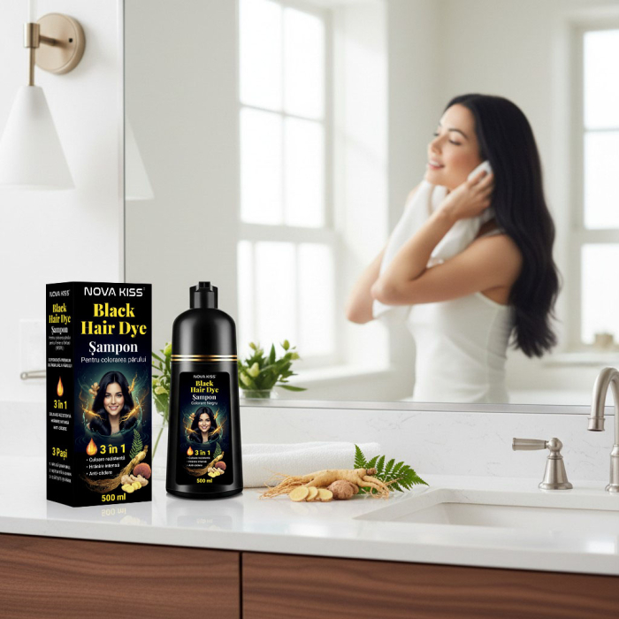 Sampon Colorant NOVA KISS® pentru Vopsirea Parului Negru, 3 in 1, Acoperire Fire Albe, 500 ml-big