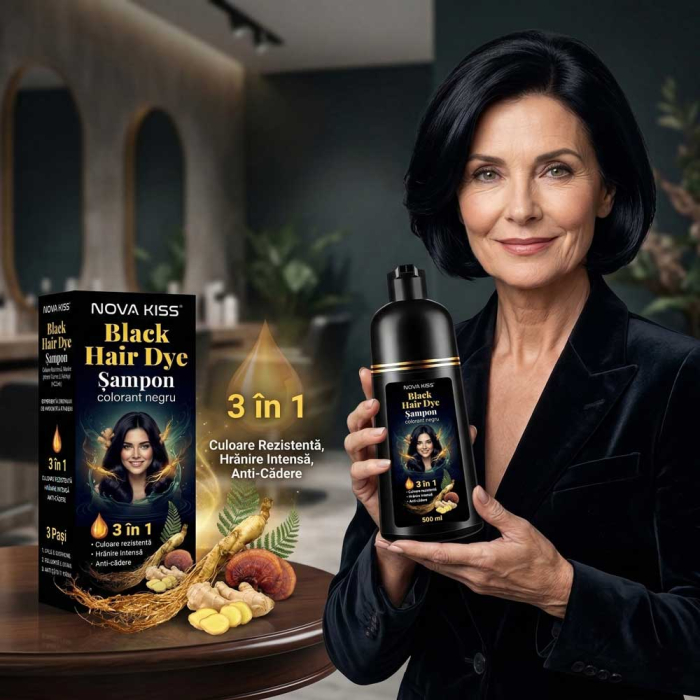 Sampon Colorant NOVA KISS® pentru Vopsirea Parului Negru, 3 in 1, Acoperire Fire Albe, 500 ml-big