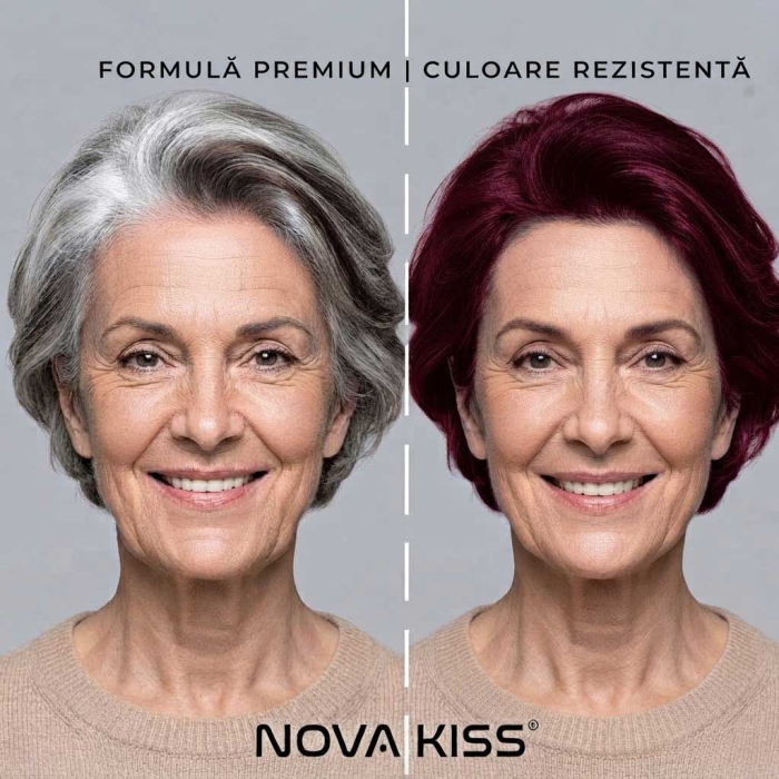Sampon Colorant Roscat Inchis NOVA KISS® pentru Vopsirea Parului, 3 in 1, Acoperire Fire Albe, Dark Wine Red, 500 ml-big