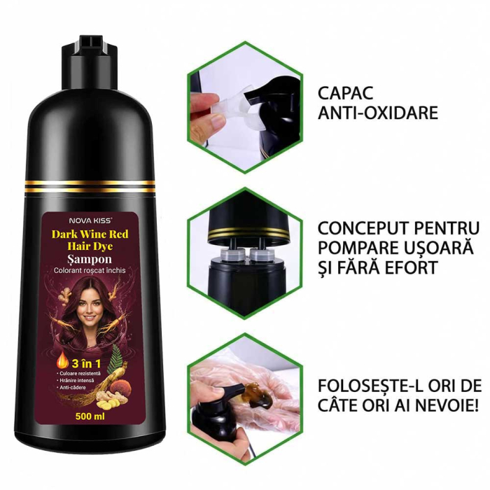 Sampon Colorant Roscat Inchis NOVA KISS® pentru Vopsirea Parului, 3 in 1, Acoperire Fire Albe, Dark Wine Red, 500 ml-big