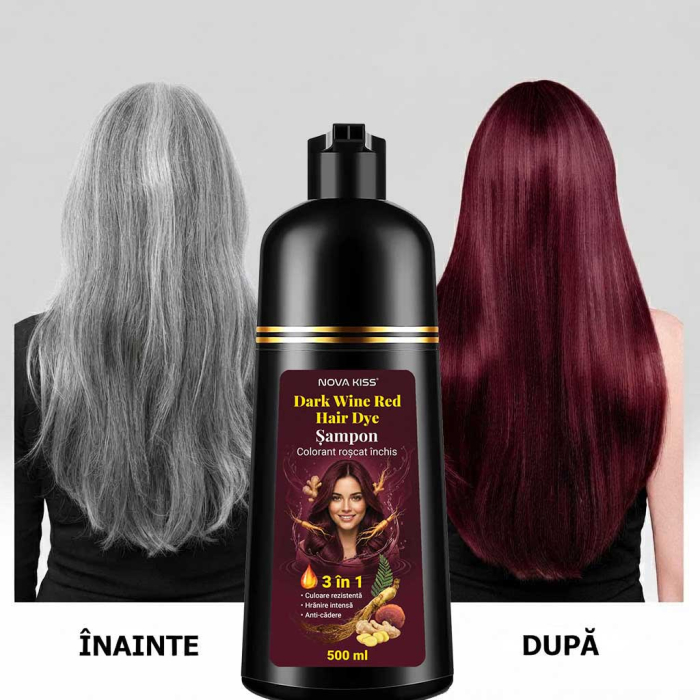 Sampon Colorant Roscat Inchis NOVA KISS® pentru Vopsirea Parului, 3 in 1, Acoperire Fire Albe, Dark Wine Red, 500 ml-big