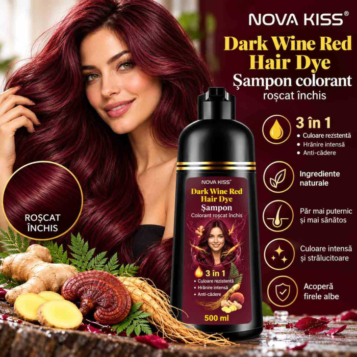 Sampon Colorant Roscat Inchis NOVA KISS® pentru Vopsirea Parului, 3 in 1, Acoperire Fire Albe, Dark Wine Red, 500 ml-big