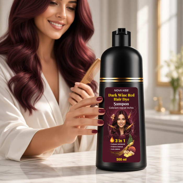 Sampon Colorant Roscat Inchis NOVA KISS® pentru Vopsirea Parului, 3 in 1, Acoperire Fire Albe, Dark Wine Red, 500 ml-big