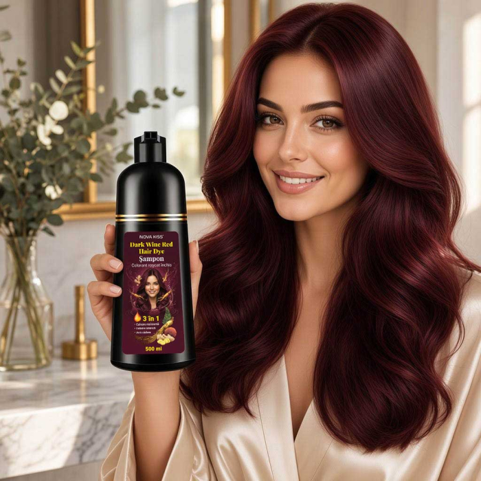 Sampon Colorant Roscat Inchis NOVA KISS® pentru Vopsirea Parului, 3 in 1, Acoperire Fire Albe, Dark Wine Red, 500 ml-big
