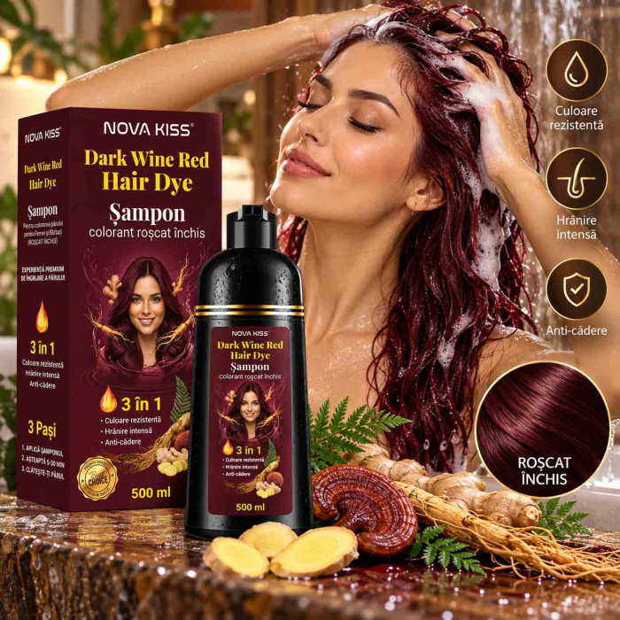 Sampon Colorant Roscat Inchis NOVA KISS® pentru Vopsirea Parului, 3 in 1, Acoperire Fire Albe, Dark Wine Red, 500 ml-big