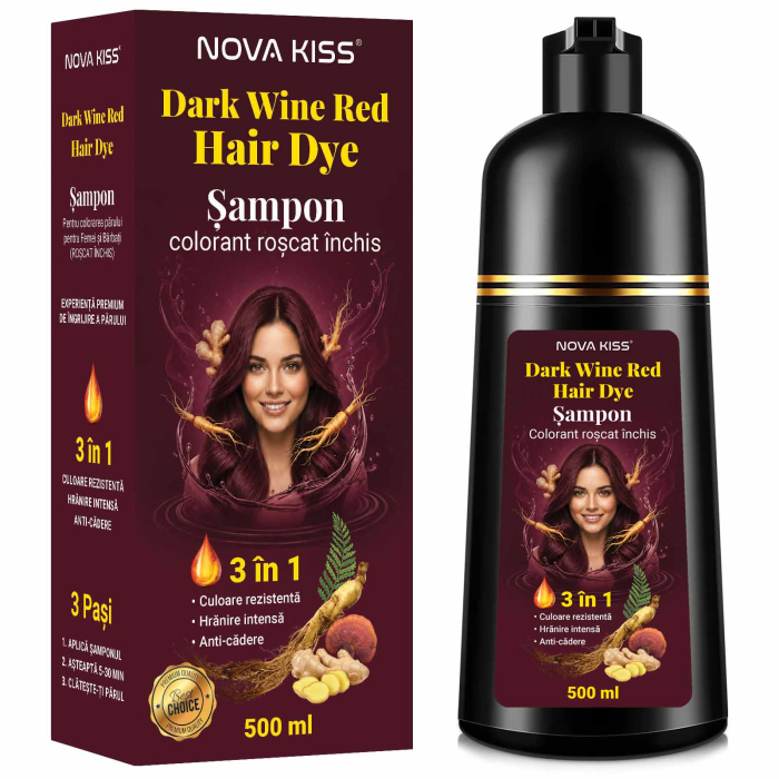 Sampon Colorant Roscat Inchis NOVA KISS® pentru Vopsirea Parului, 3 in 1, Acoperire Fire Albe, Dark Wine Red, 500 ml-big