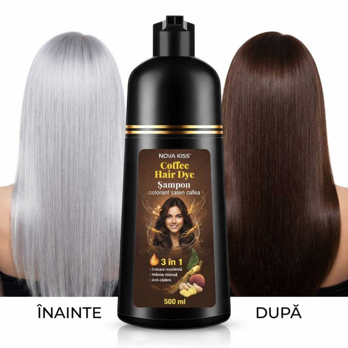 Sampon Colorant Saten Cafea NOVA KISS® pentru Vopsirea Parului, 3 in 1, Acoperire Fire Albe, Coffee, 500 ml-big