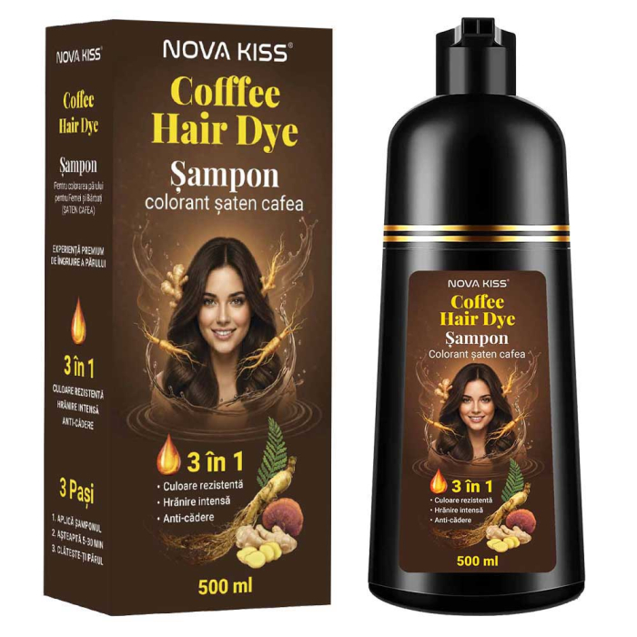 Sampon Colorant Saten Cafea NOVA KISS® pentru Vopsirea Parului, 3 in 1, Acoperire Fire Albe, Coffee, 500 ml-big