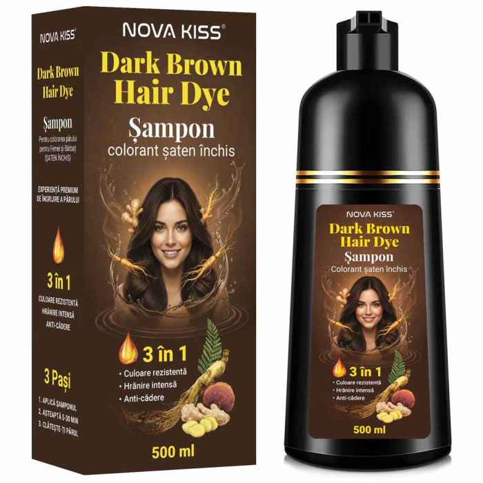 Sampon Colorant Saten Inchis NOVA KISS® pentru Vopsirea Parului, 3 in 1, Acoperire Fire Albe, Dark Brown, 500 ml-big