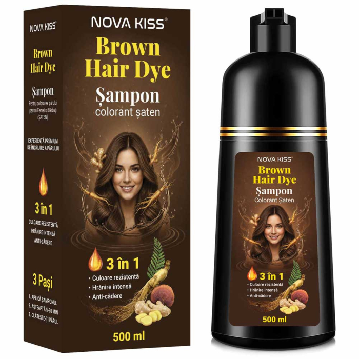 Sampon Colorant Saten NOVA KISS® pentru Vopsirea Parului, 3 in 1, Acoperire Fire Albe, Brown, 500 ml-big