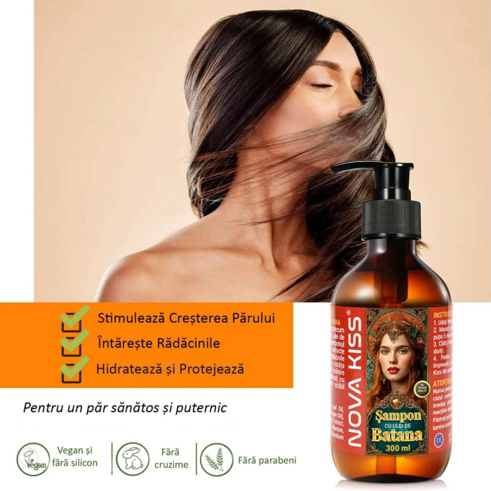 Sampon cu Ulei de Batana pentru Cresterea Parului, Intarirea Radacinilor Firului de Par, Infuzat cu Biotina, Rozmarin, NOVA KISS®, 300 ml-big