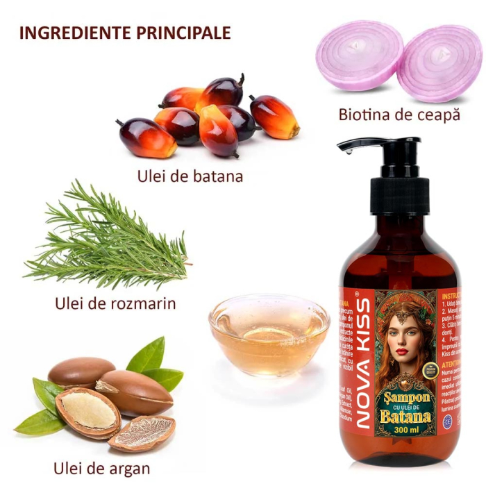 Sampon cu Ulei de Batana pentru Cresterea Parului, Intarirea Radacinilor Firului de Par, Infuzat cu Biotina, Rozmarin, NOVA KISS®, 300 ml-big