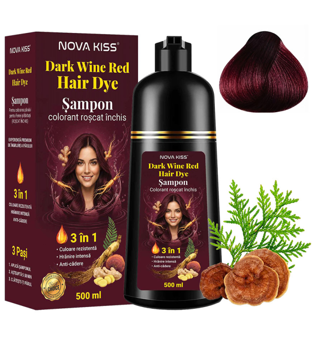 Sampon Premium 3 in 1 pentru Colorarea Parului, Anti Cadere, Regenerare cu Ghimbir si Ginseng, 500 ml,  6 Roscat inchis (Dark Wine Red)